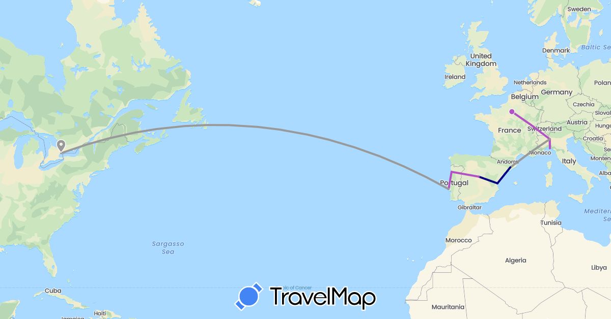 TravelMap itinerary: driving, plane, train in Canada, Spain, France, Italy, Portugal (Europe, North America)